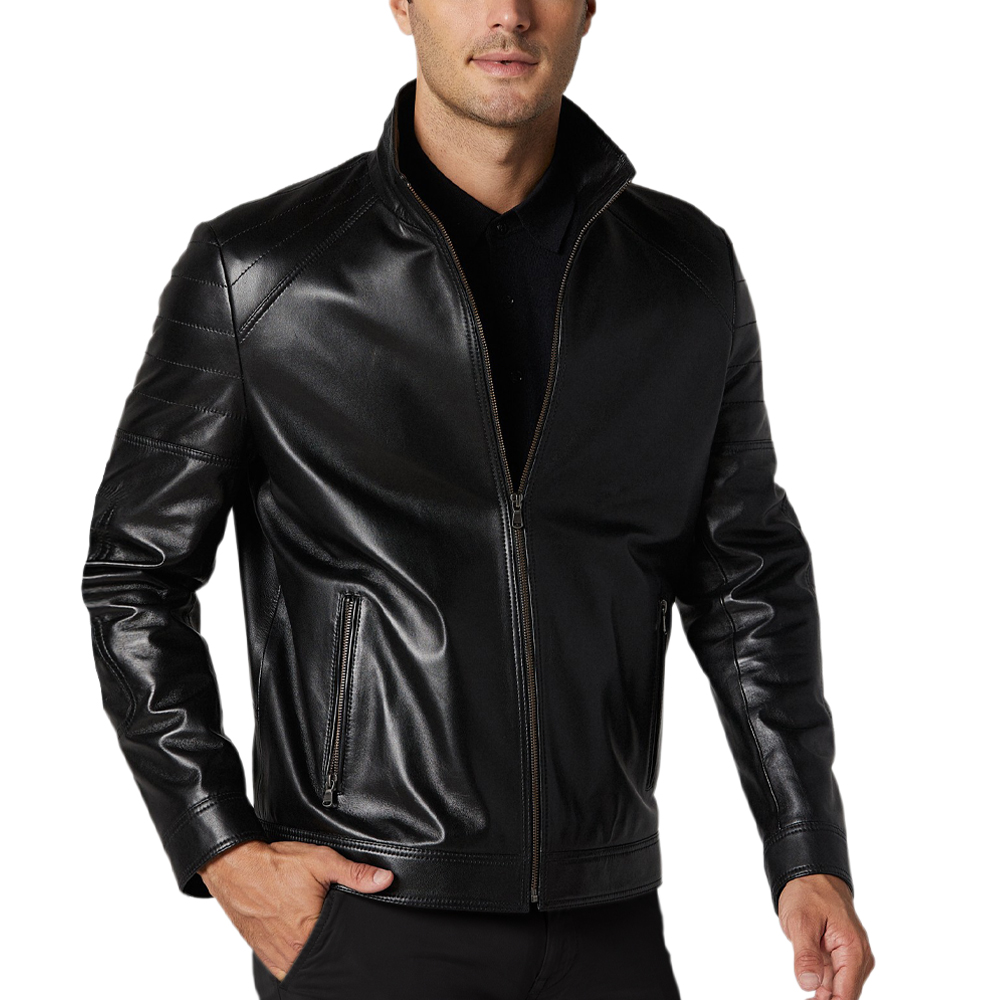 Giacca biker in pelle nappata da uomo, nero